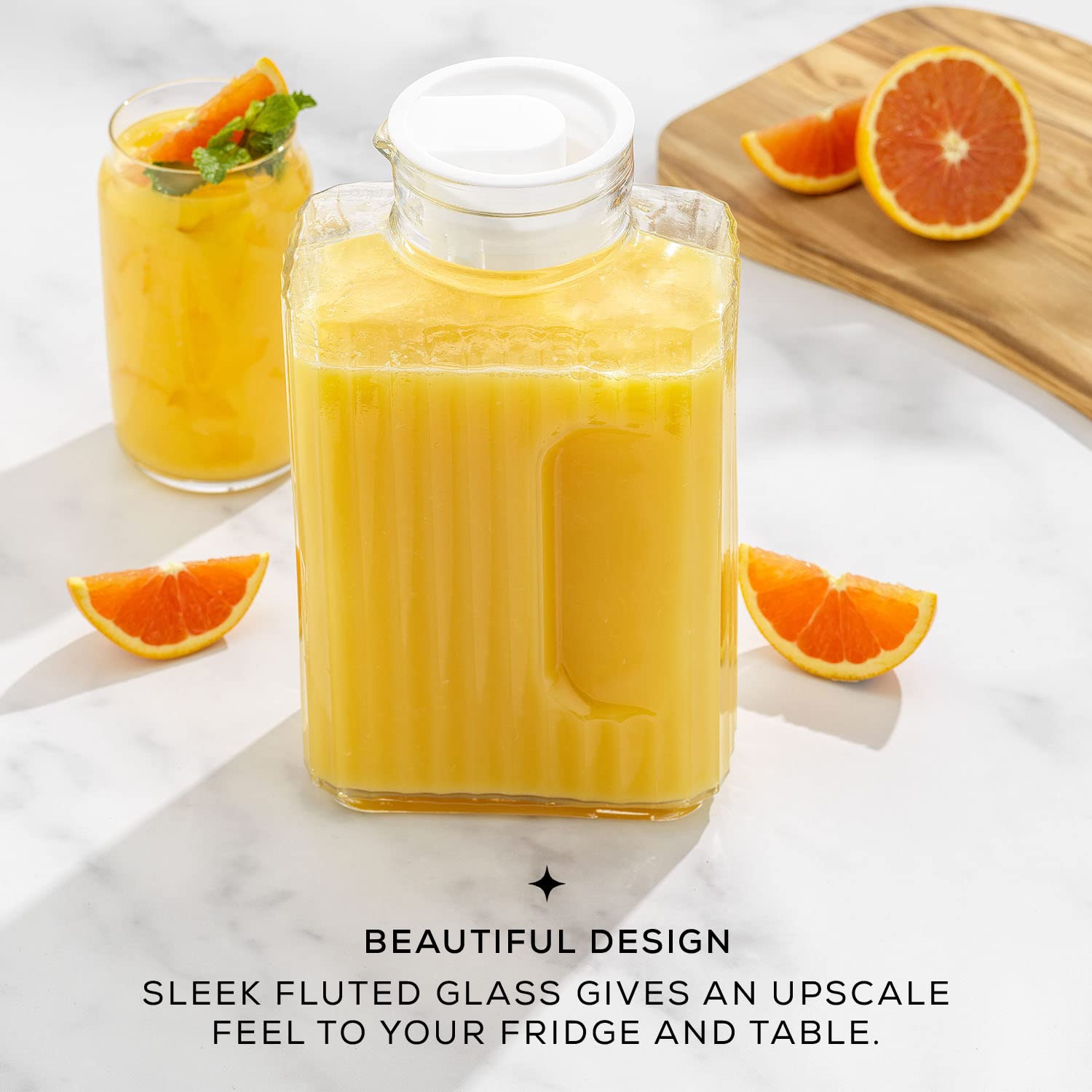 JoyJolt rectangular carafe for neat fridge storage and display.