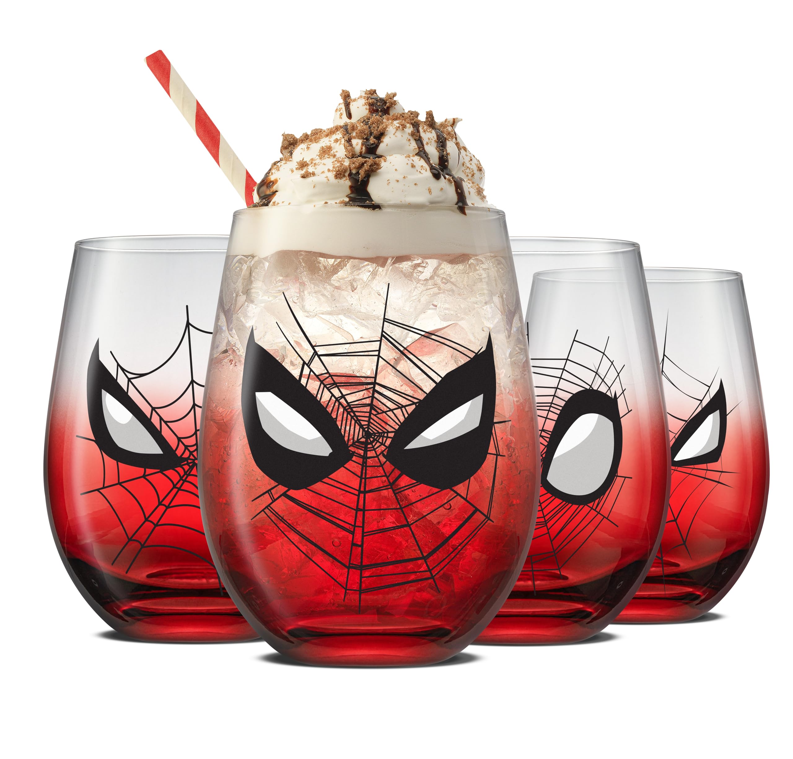 JoyJolt Spidey-Sense stemless glass with gradient red-to-clear and heroic expression for daily drinks