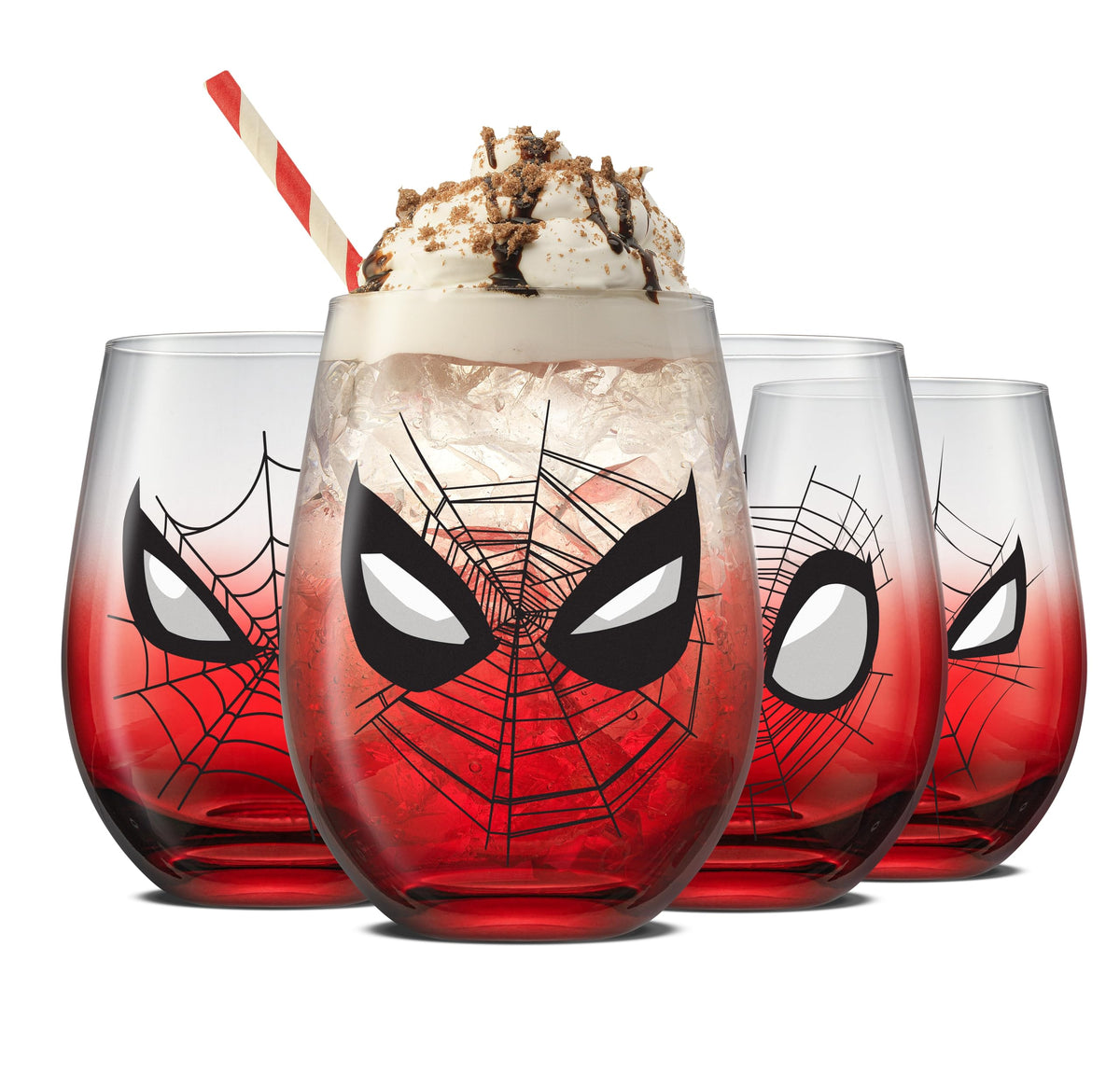 JoyJolt Spidey-Sense stemless glass with gradient red-to-clear and heroic expression for daily drinks
