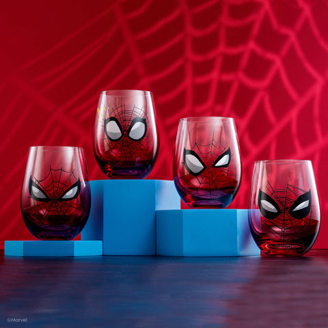 JoyJolt 19oz glass set displaying multiple Spidey Sense expressions for Marvel fans