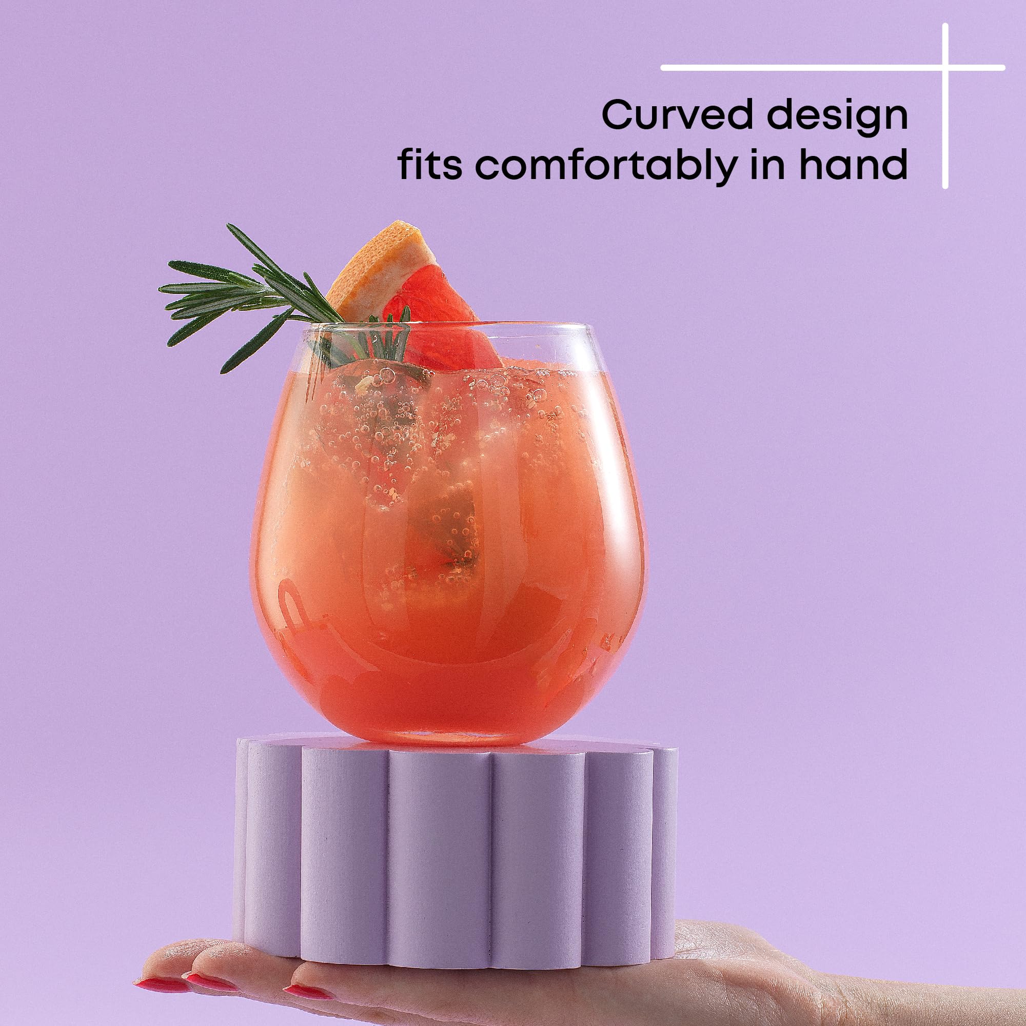 JoyJolt Spirits stemless glass with comfortable hand-feel for relaxed sipping.