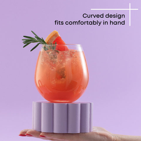 JoyJolt Spirits stemless glass with comfortable hand-feel for relaxed sipping.