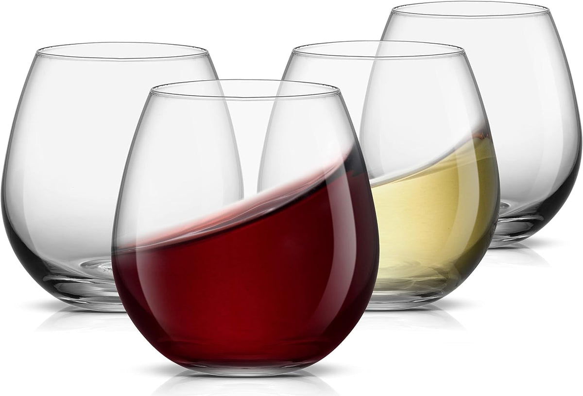 JoyJolt Spirits stemless wine glasses set of four, 15 oz, ideal for everyday entertaining.