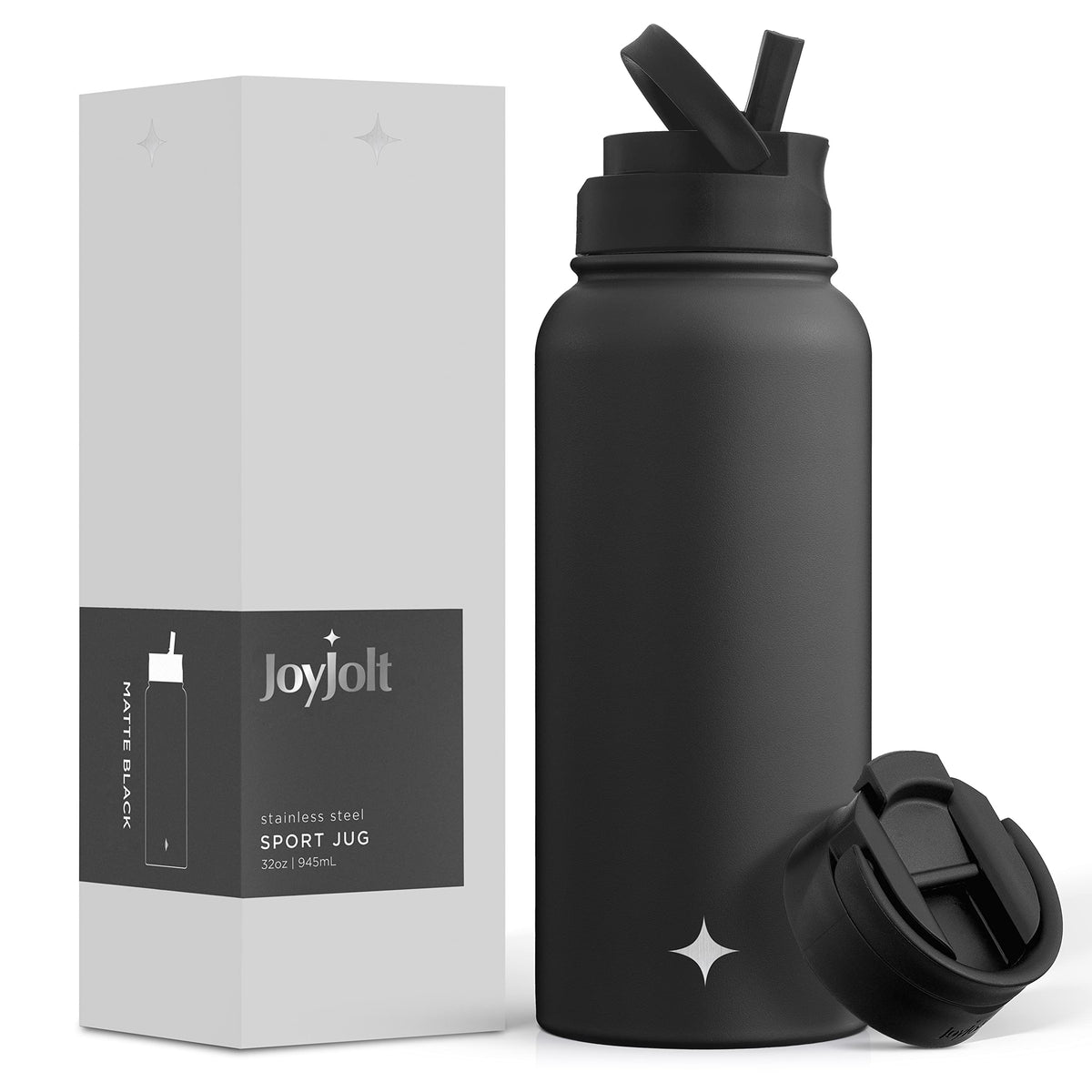 JoyJolt triple insulated bottle with straw lid keeps beverages cold for hours.