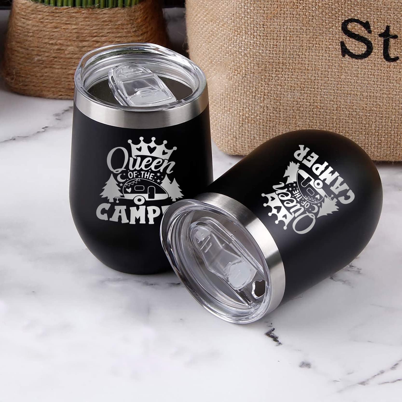 Joyloce Queen camper wine tumbler 12oz size fits daily carry and trips.