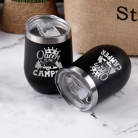 Joyloce Queen camper wine tumbler 12oz size fits daily carry and trips.