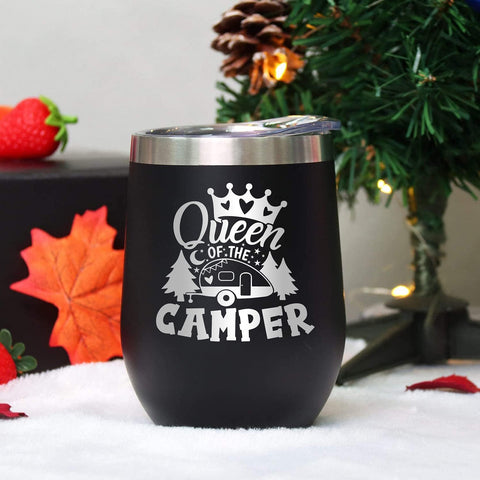 Joyloce Queen camper wine tumbler spill-resistant for beach or poolside use.