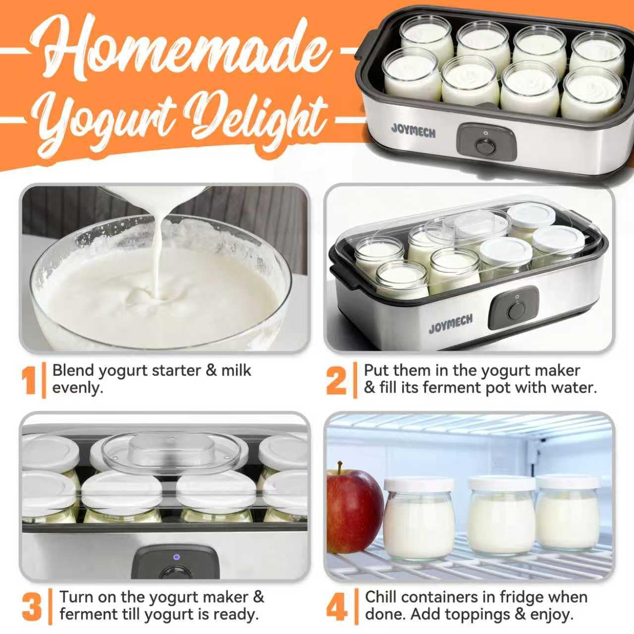 JoyMech yogurt maker glass jars are dishwasher-safe for quick cleanup.