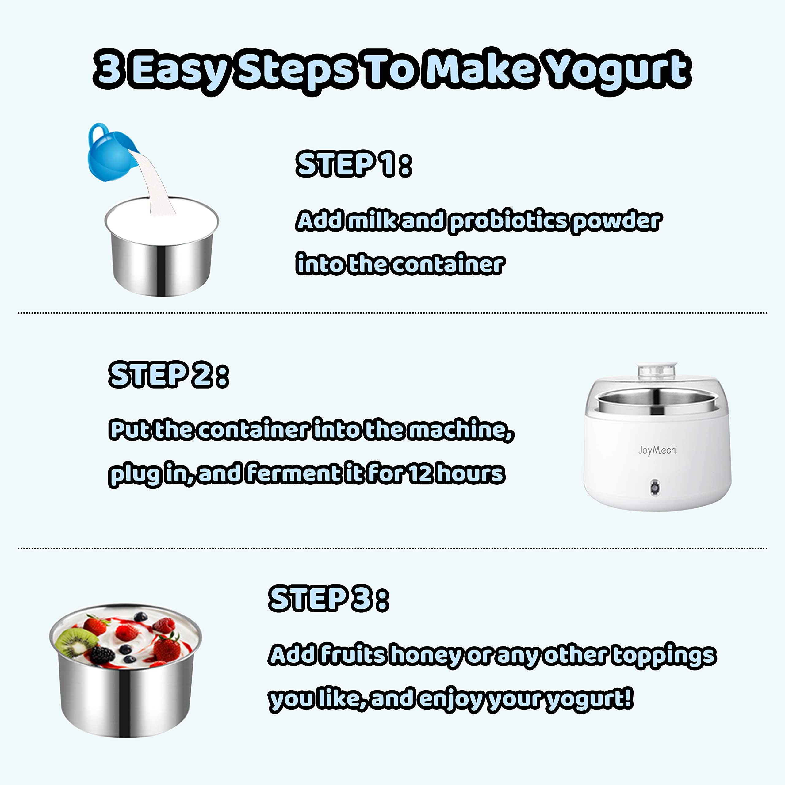 JoyMech Yogurt Maker stainless-steel container emphasizes durable, food-grade craftsmanship for safe fermentation