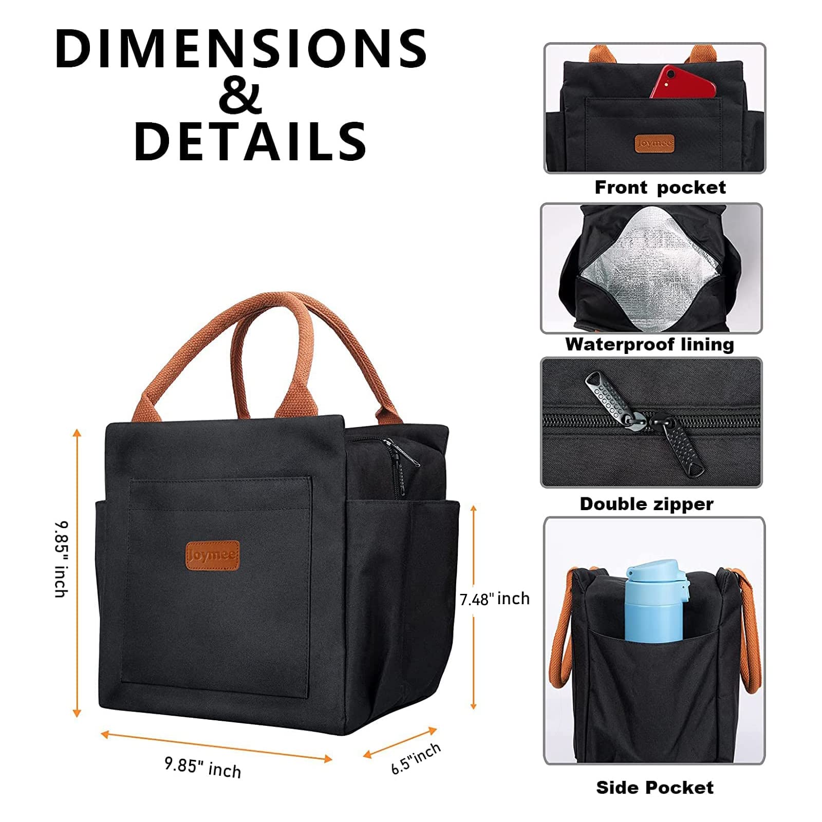 Front view of Joymee bag highlighting the utensil pocket for easy lunch setup.