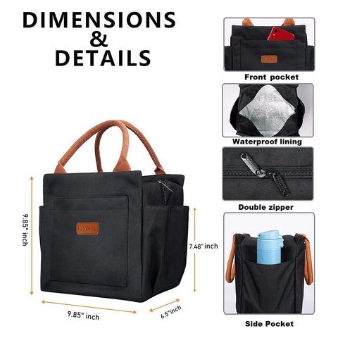 Front view of Joymee bag highlighting the utensil pocket for easy lunch setup.