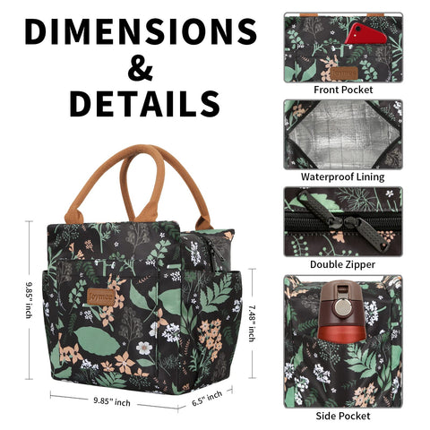 Joymee lunch bag green leaf print front pocket holds utensils and keys.