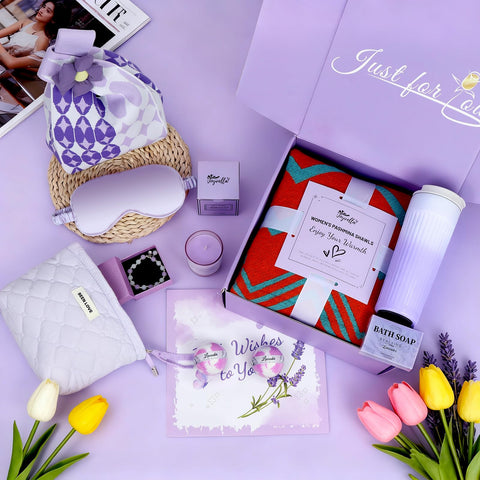 Joyvella Gift Basket featuring bath salts and essential oils for a calming routine.