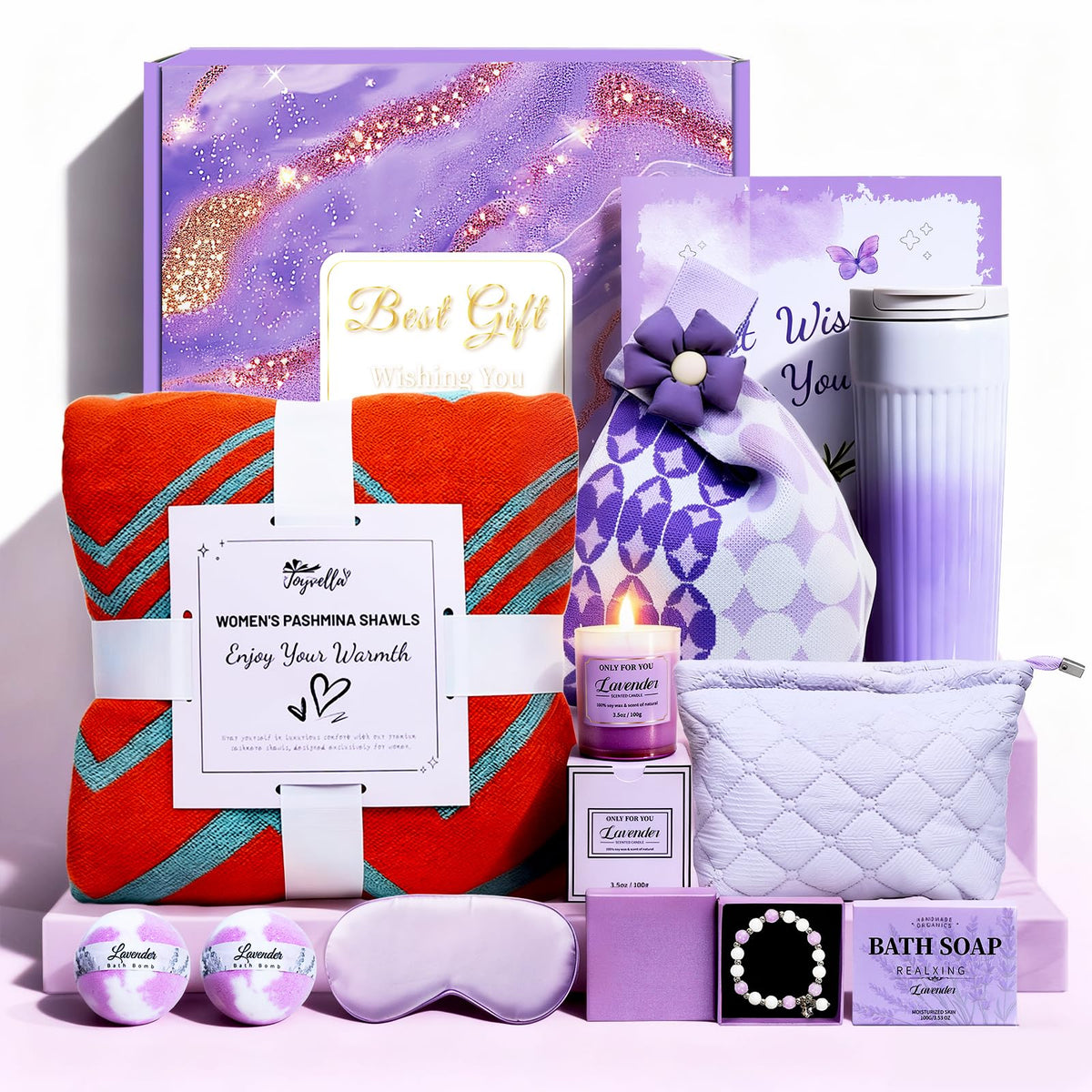 Joyvella Relaxing Spa Gift Basket with soft blanket for cozy self-care moments.