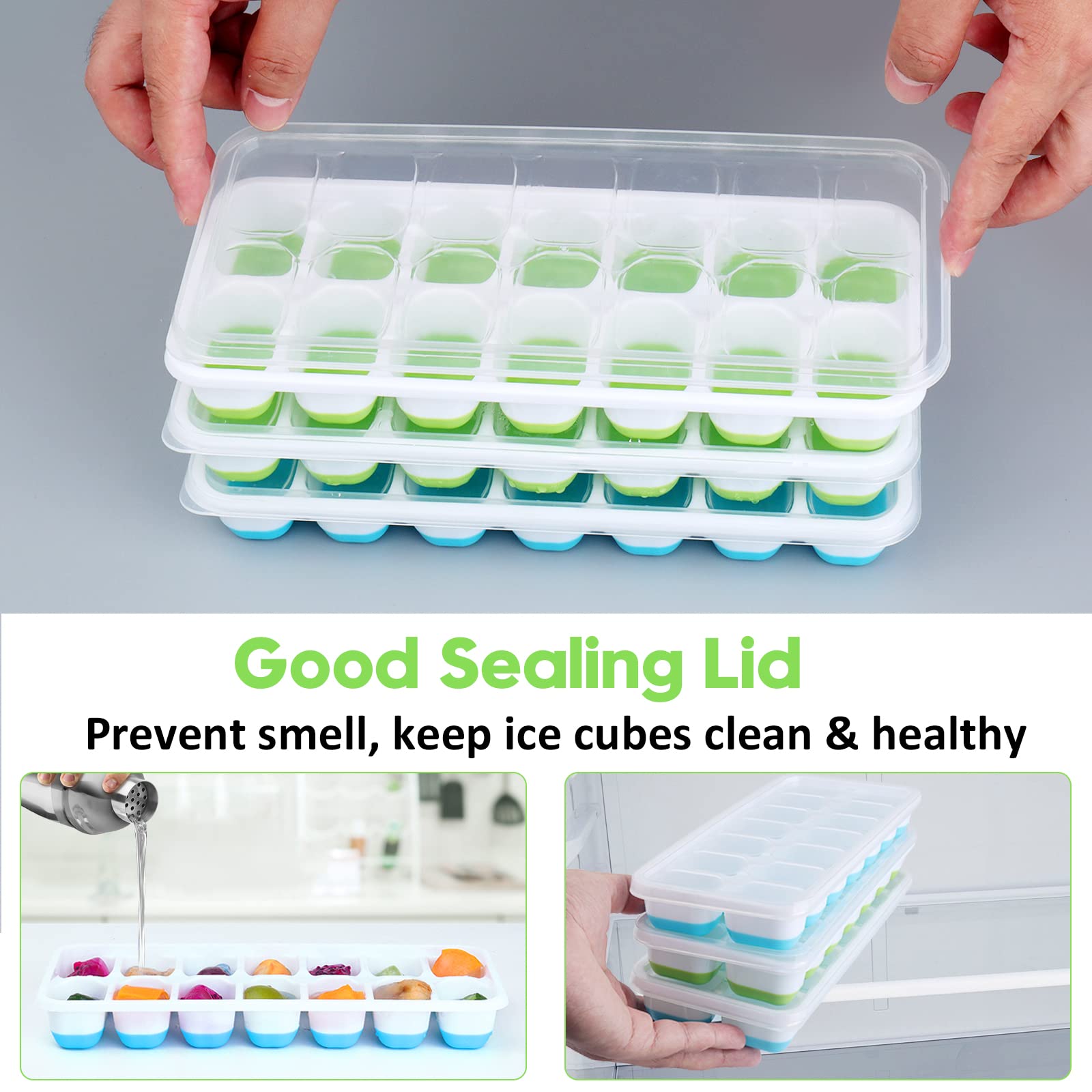 Jrisbo silicone ice tray with green cubes, stackable in freezer