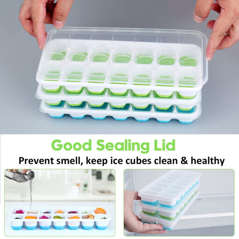 Jrisbo silicone ice tray with green cubes, stackable in freezer