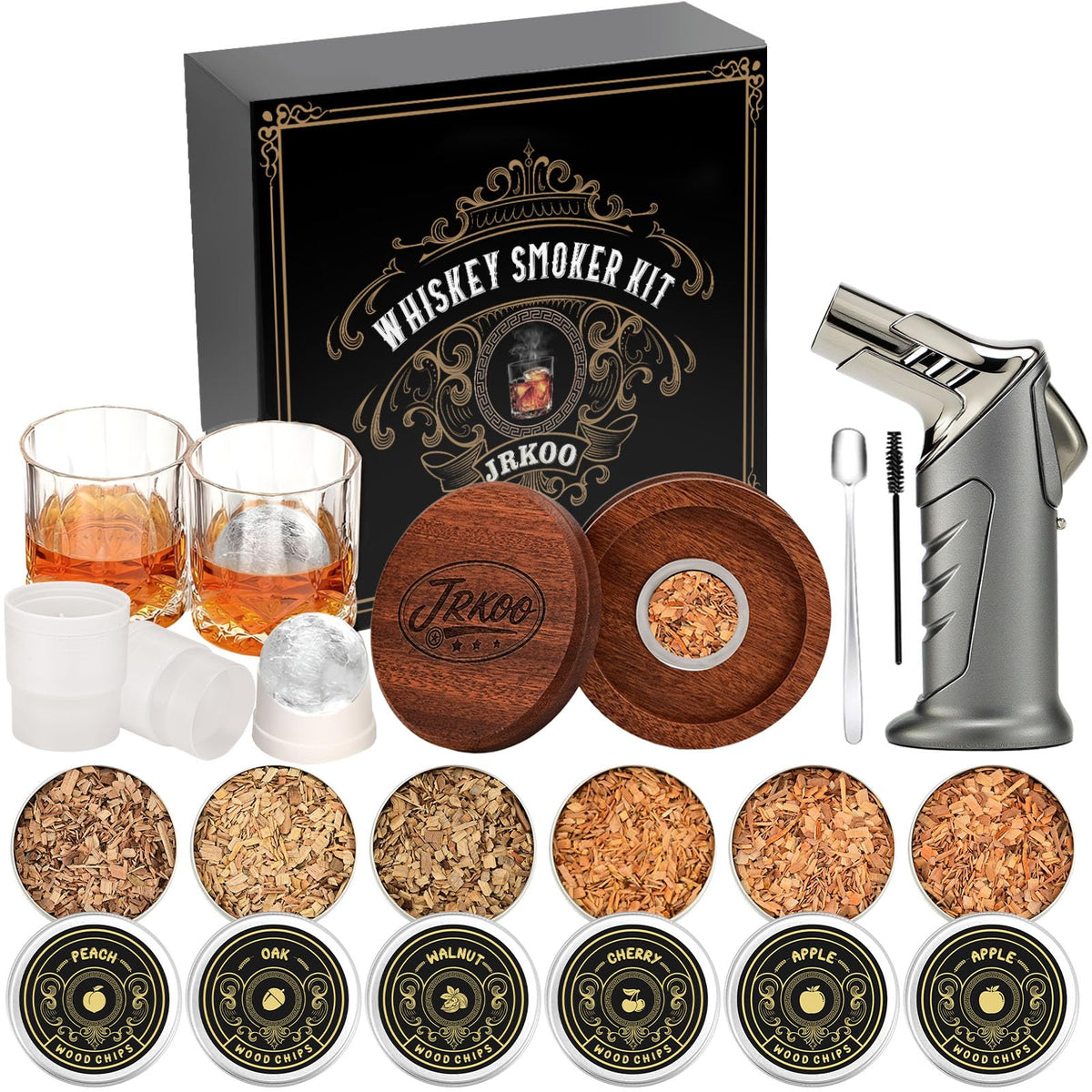 JRKOO whiskey smoker kit with torch ready for at-home smoking sessions.