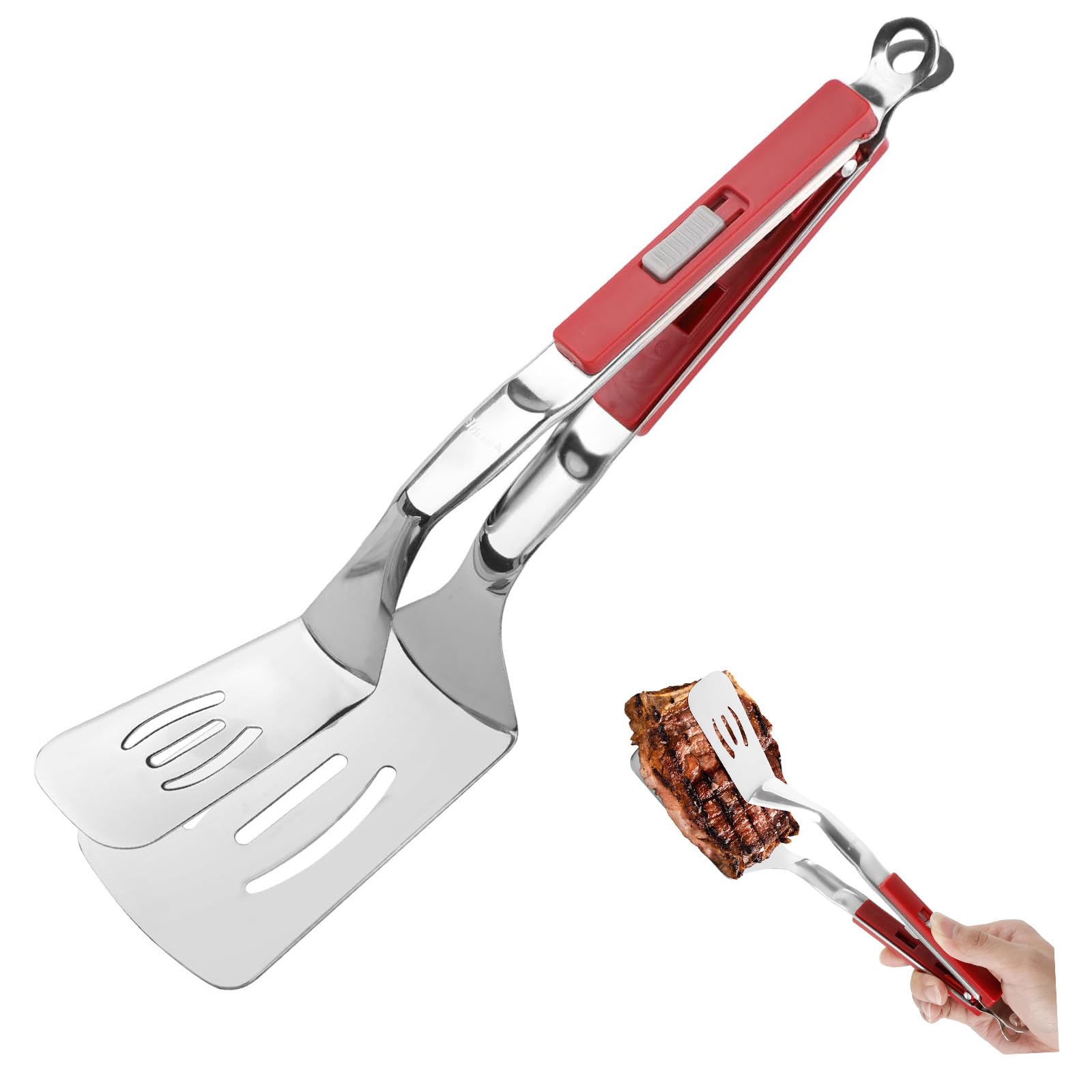 Jrsoul He anti-scald extended-handle tongs for safe steak flipping.