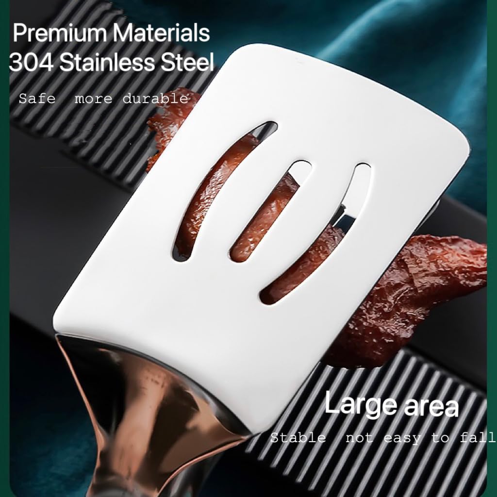 Jrsoul He tongs with slotted design draining oil during cooking.
