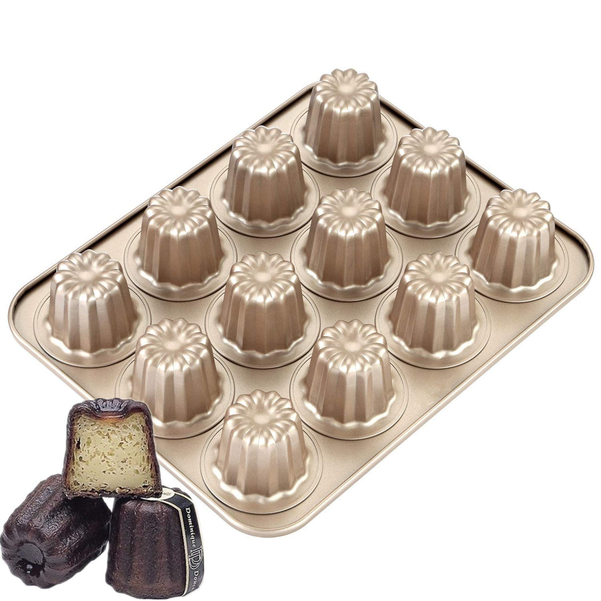 JRVT Love 12-cavity canele pan top view for uniform bake and rich color.