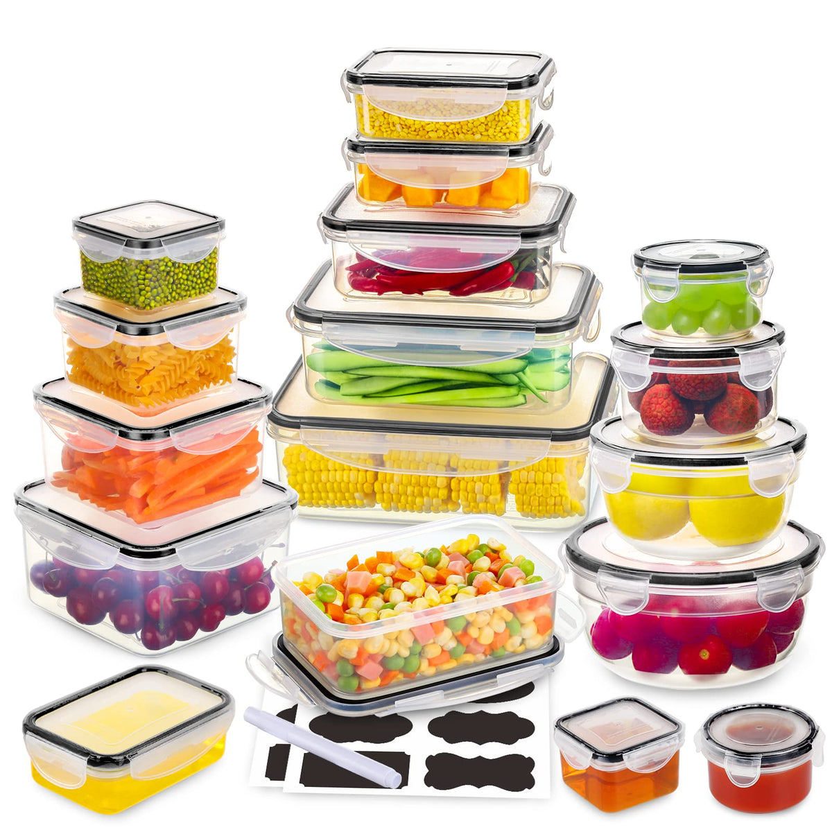 JSCARES 34-piece airtight storage set keeps foods fresh and organized.