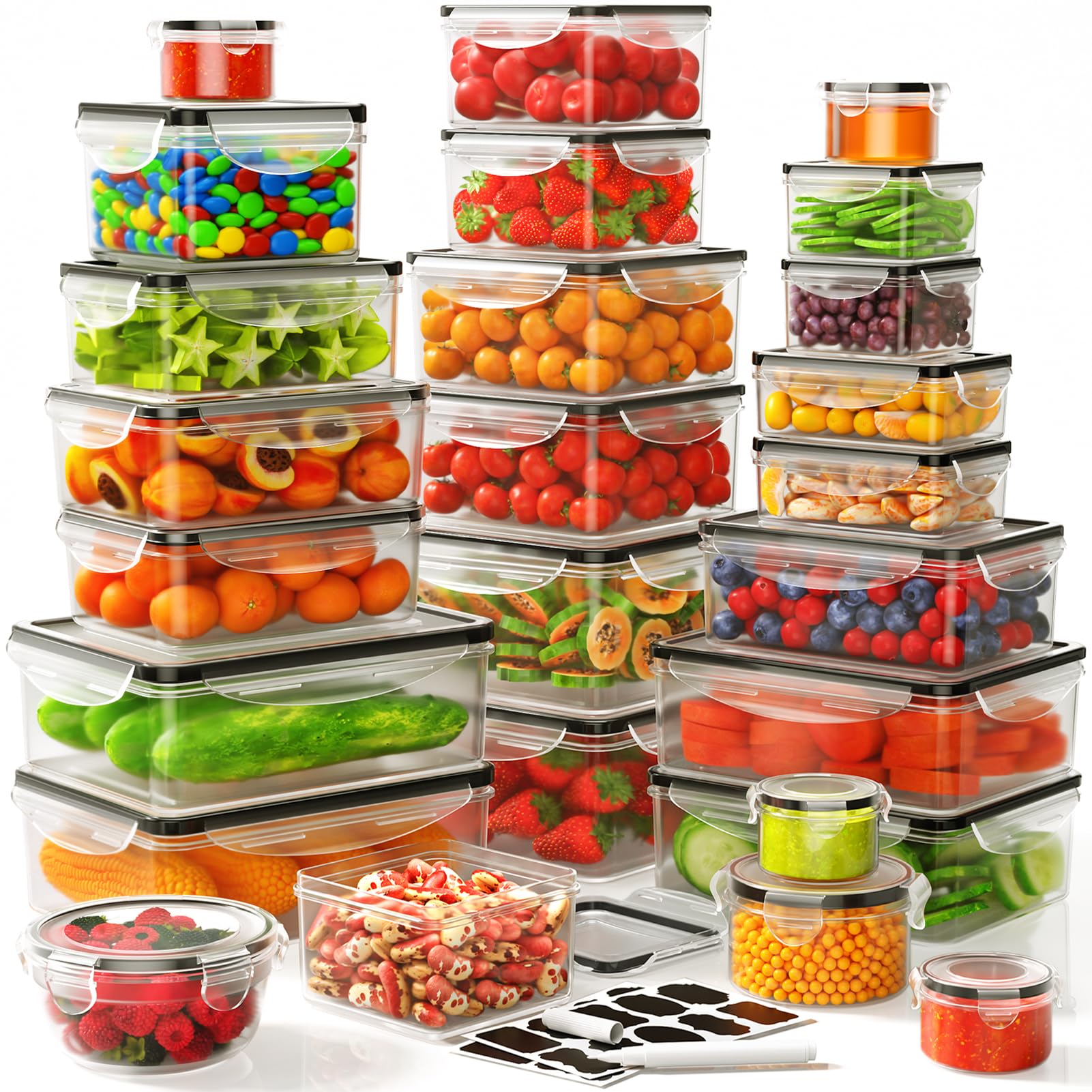JSCARES 52pcs airtight containers with lids for organized fridge storage.
