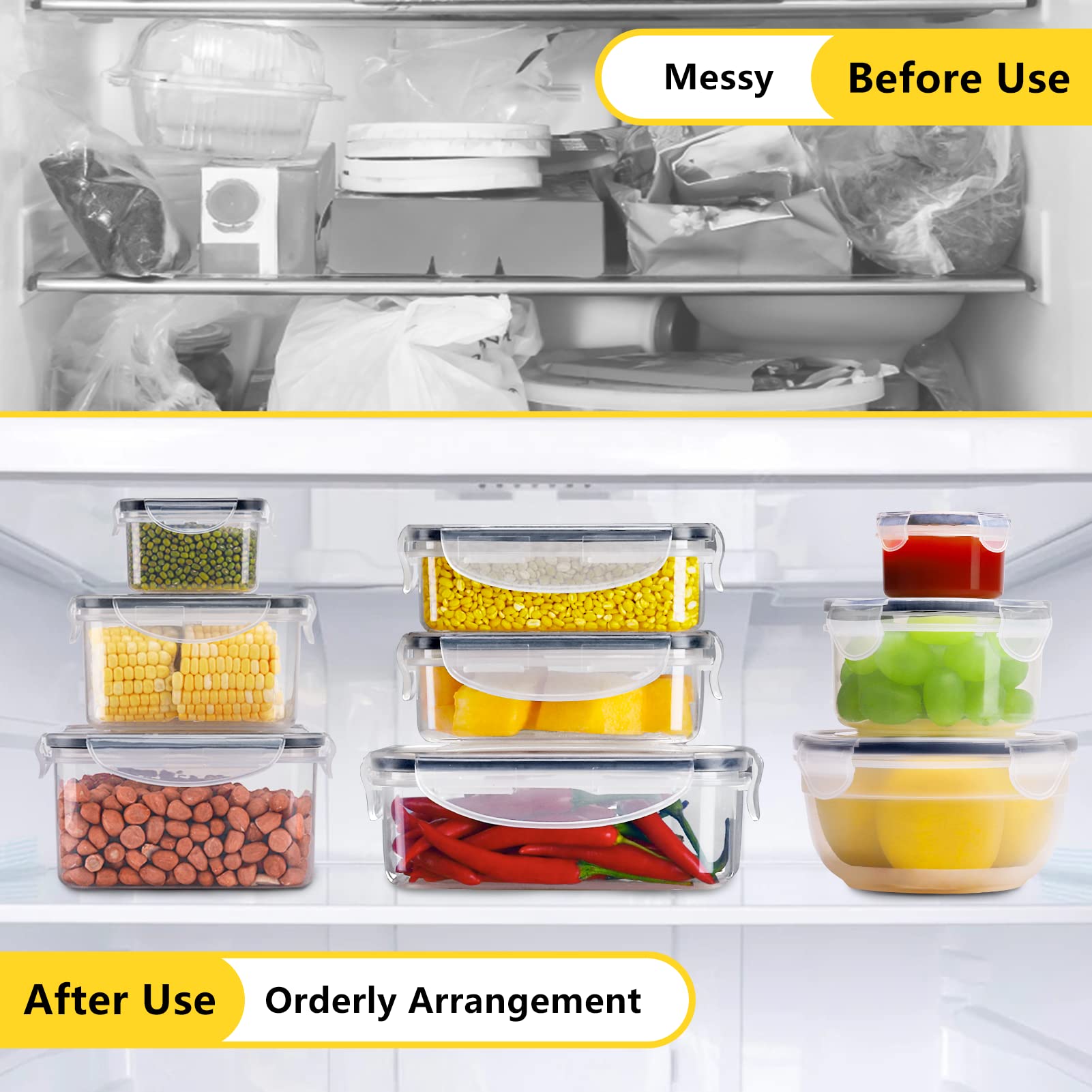 JSCARES labeled containers help organize fruits, vegetables, and snacks.