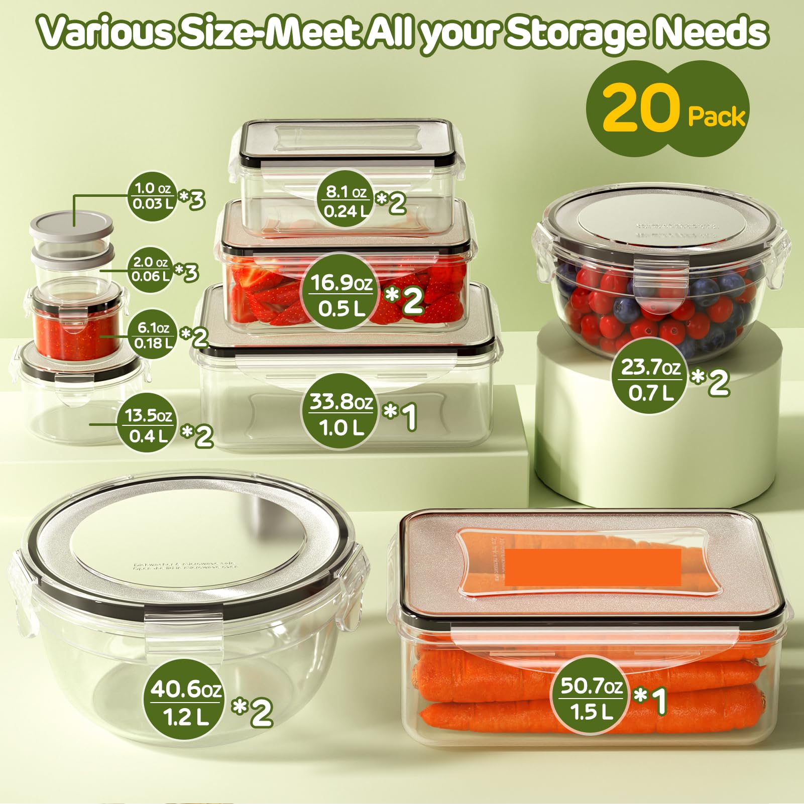 JSCARES round containers in multiple sizes for versatile leftovers and quick access.