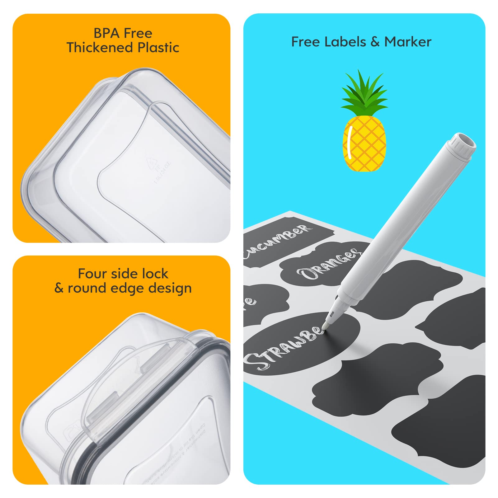 JSCARES round crisper containers preserve freshness for fruits and salads.