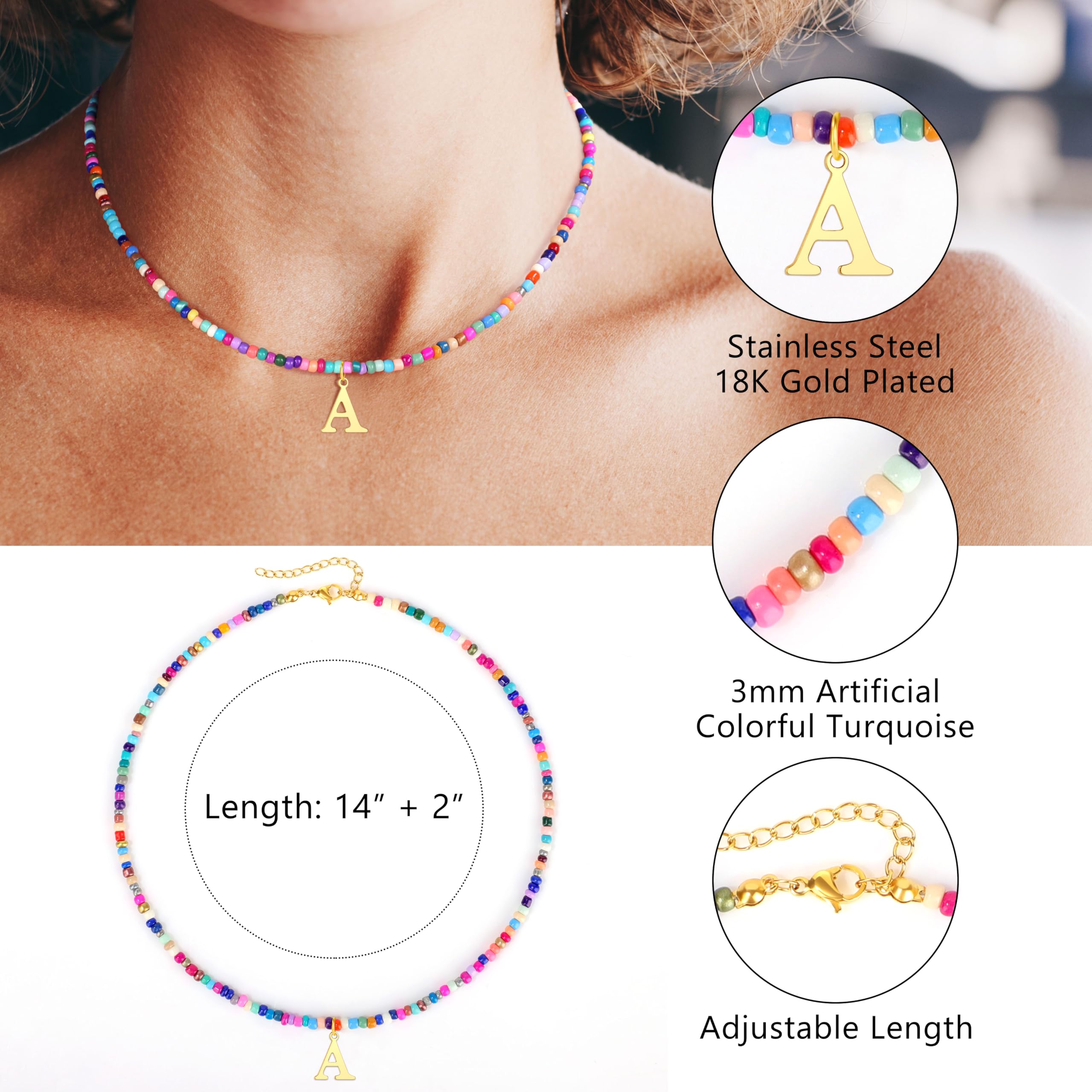 JSENGIFT colorful initial necklace adds personal style to her outfit.