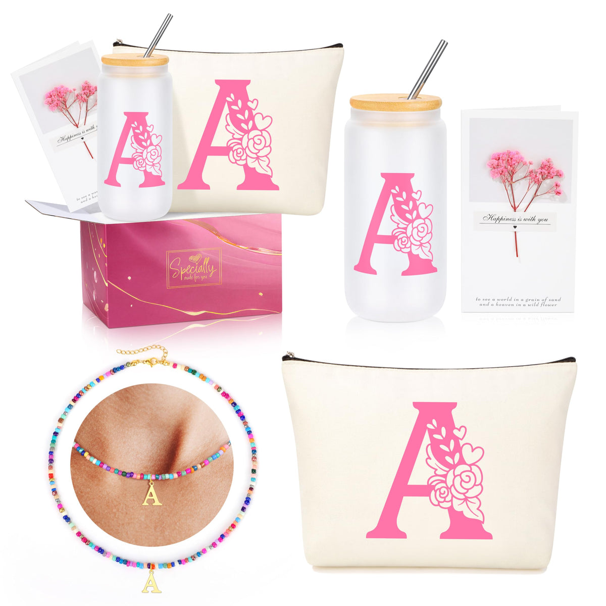JSENGIFT pink initial A glass cup with bamboo lid, ideal for daily hydration.
