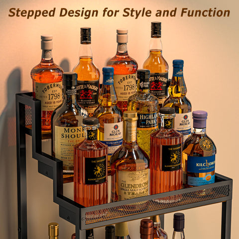 Jsskeeim stepped wine rack provides two large lower shelves for versatile bottle storage.