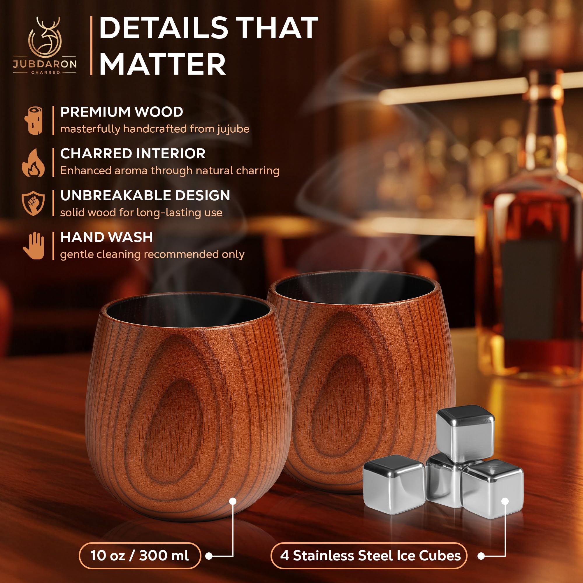 JUBDARON charred inside wood glass close-up emphasizes aroma-enhanced sipping experiences.