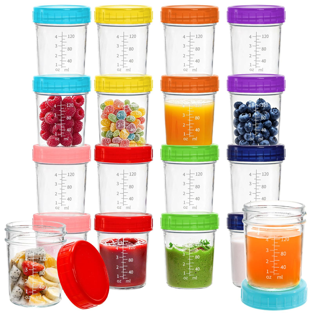 Jucoan 16-pack glass baby food jars with colorful lids for organized daily meal prep