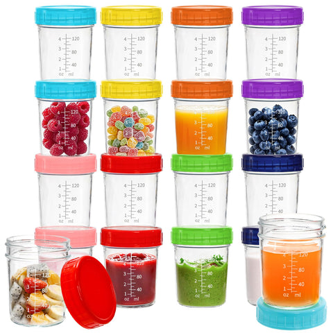 Jucoan 16-pack glass baby food jars with colorful lids for organized daily meal prep
