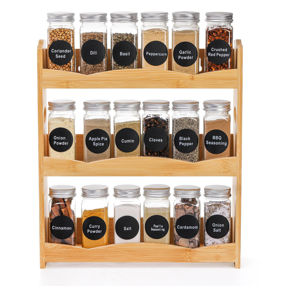 Jucoan 3-tier bamboo spice rack on countertop keeps jars organized and accessible.