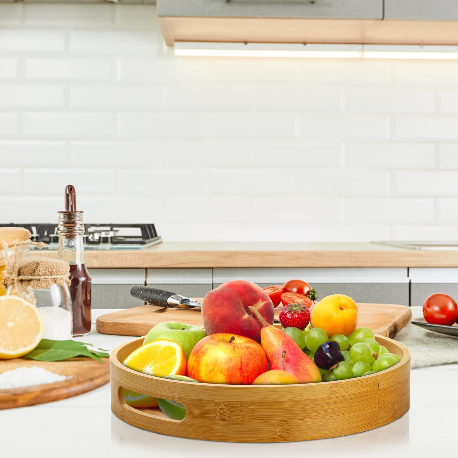 Jucoan bamboo round tray complements any table decor