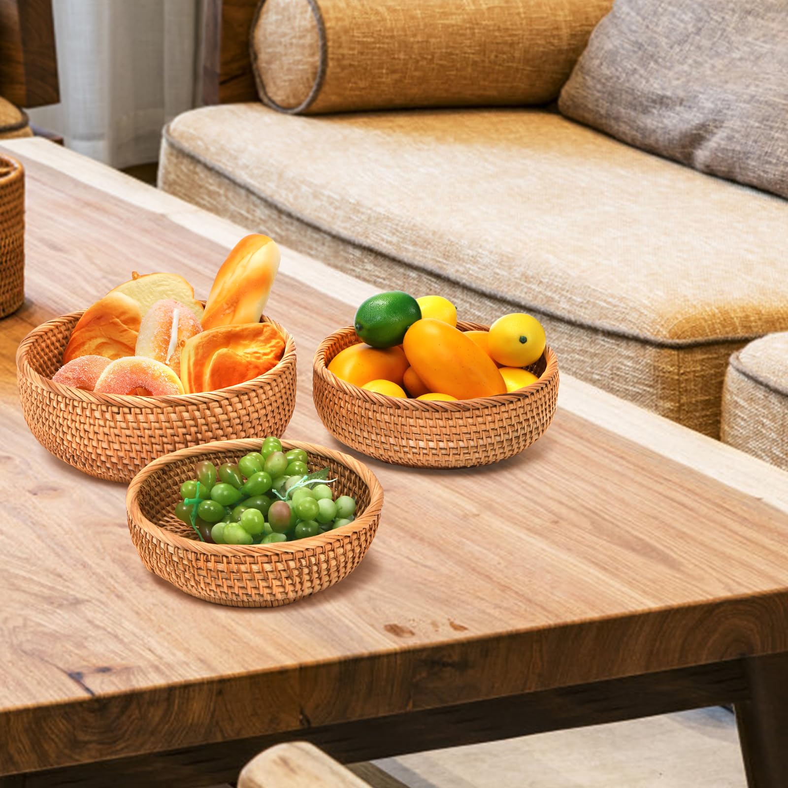 Jucoan round rattan basket durable material with sturdy construction.