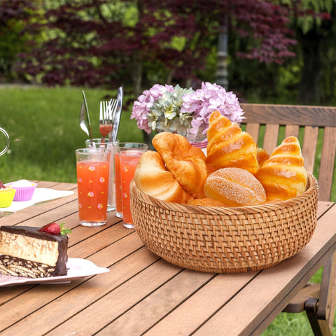 Jucoan round rattan baskets stackable design saves space.