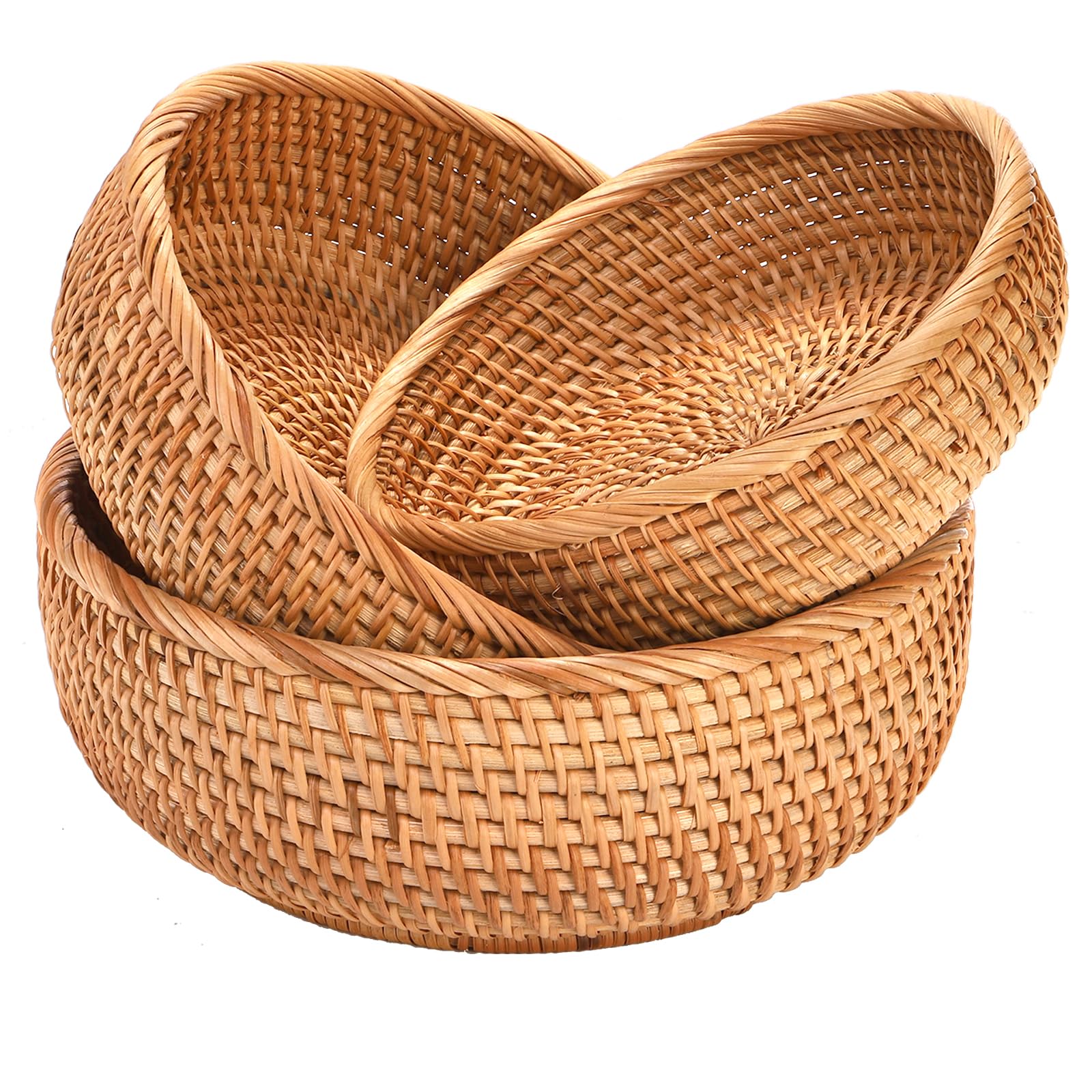 Jucoan round rattan fruits baskets large display on countertop for fruit storage.