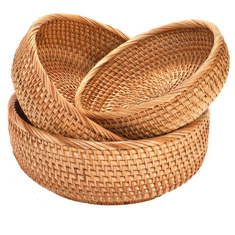Jucoan round rattan fruits baskets large display on countertop for fruit storage.
