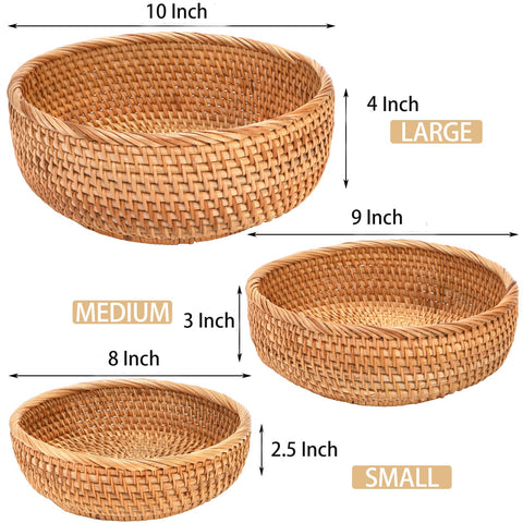 Jucoan round rattan fruits baskets medium nested for snack organization.