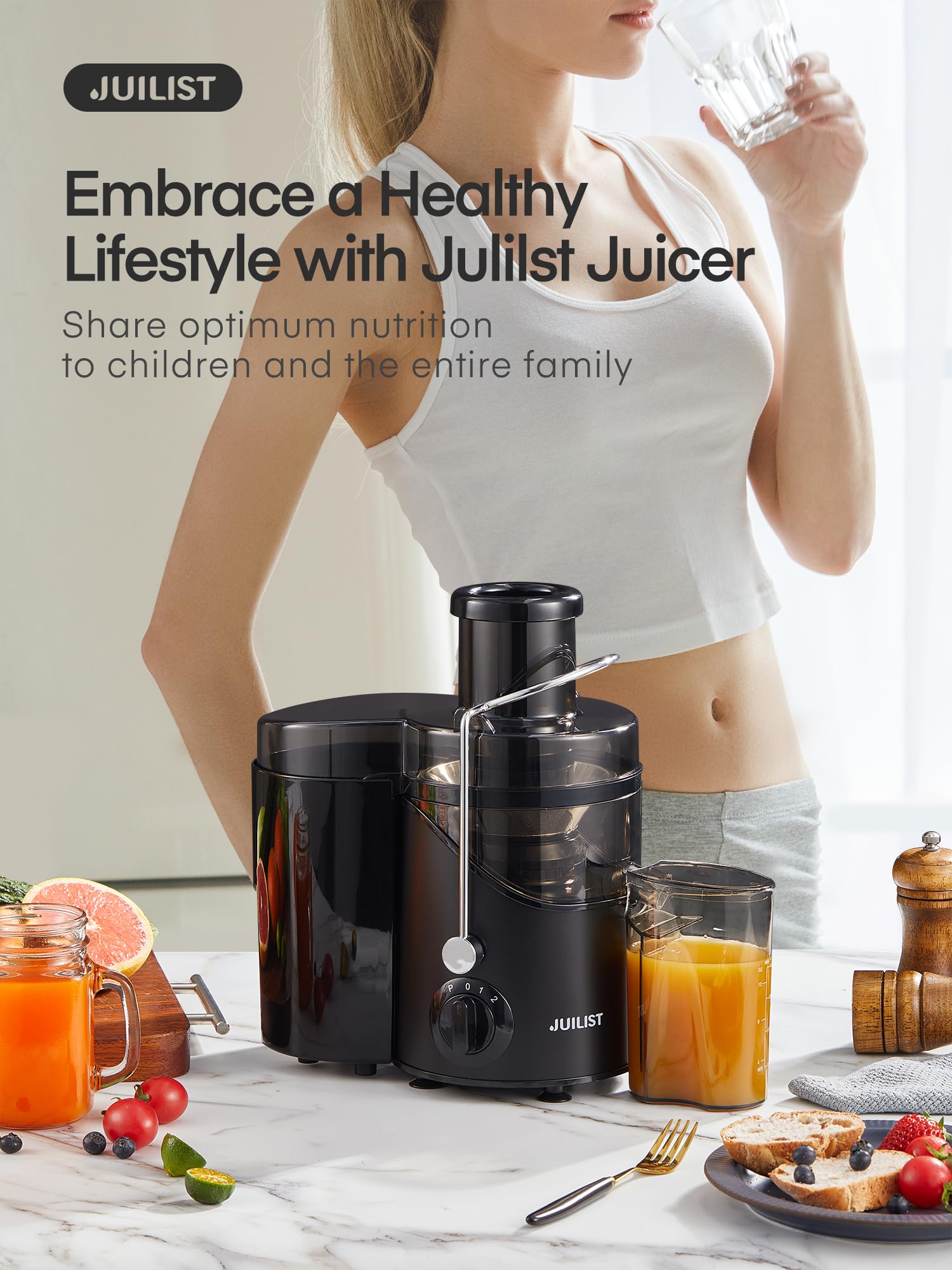 Juilist black finish juicer on a kitchen counter.