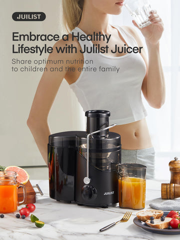 Juilist black finish juicer on a kitchen counter.