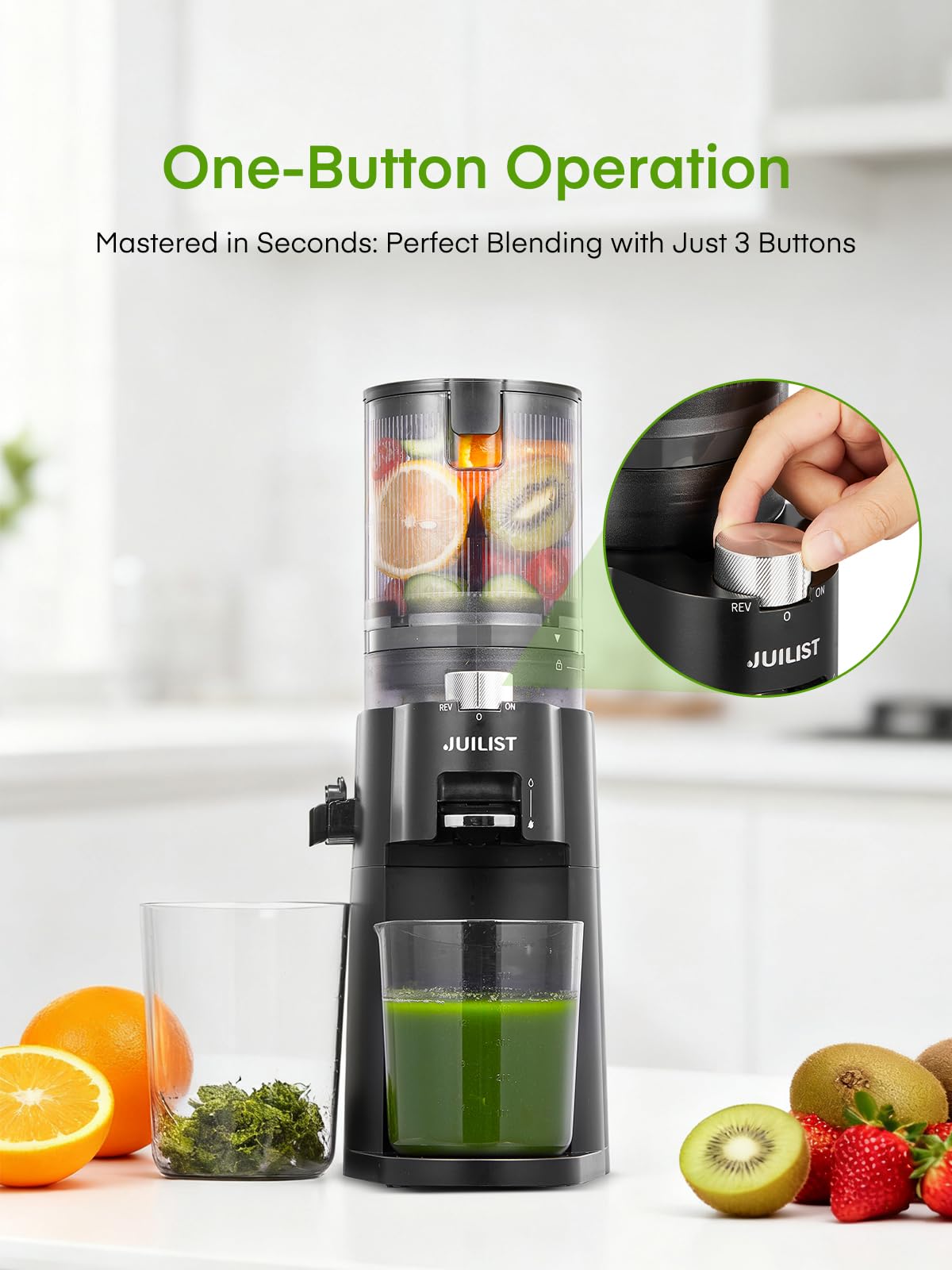 Juilist cold press juicer operates at 60 RPM to preserve nutrients.