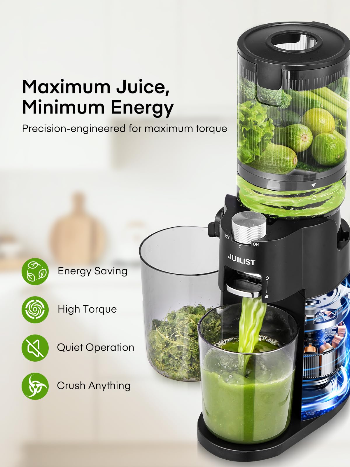 Juilist juicer auto-reverse helps clear jams without effort.