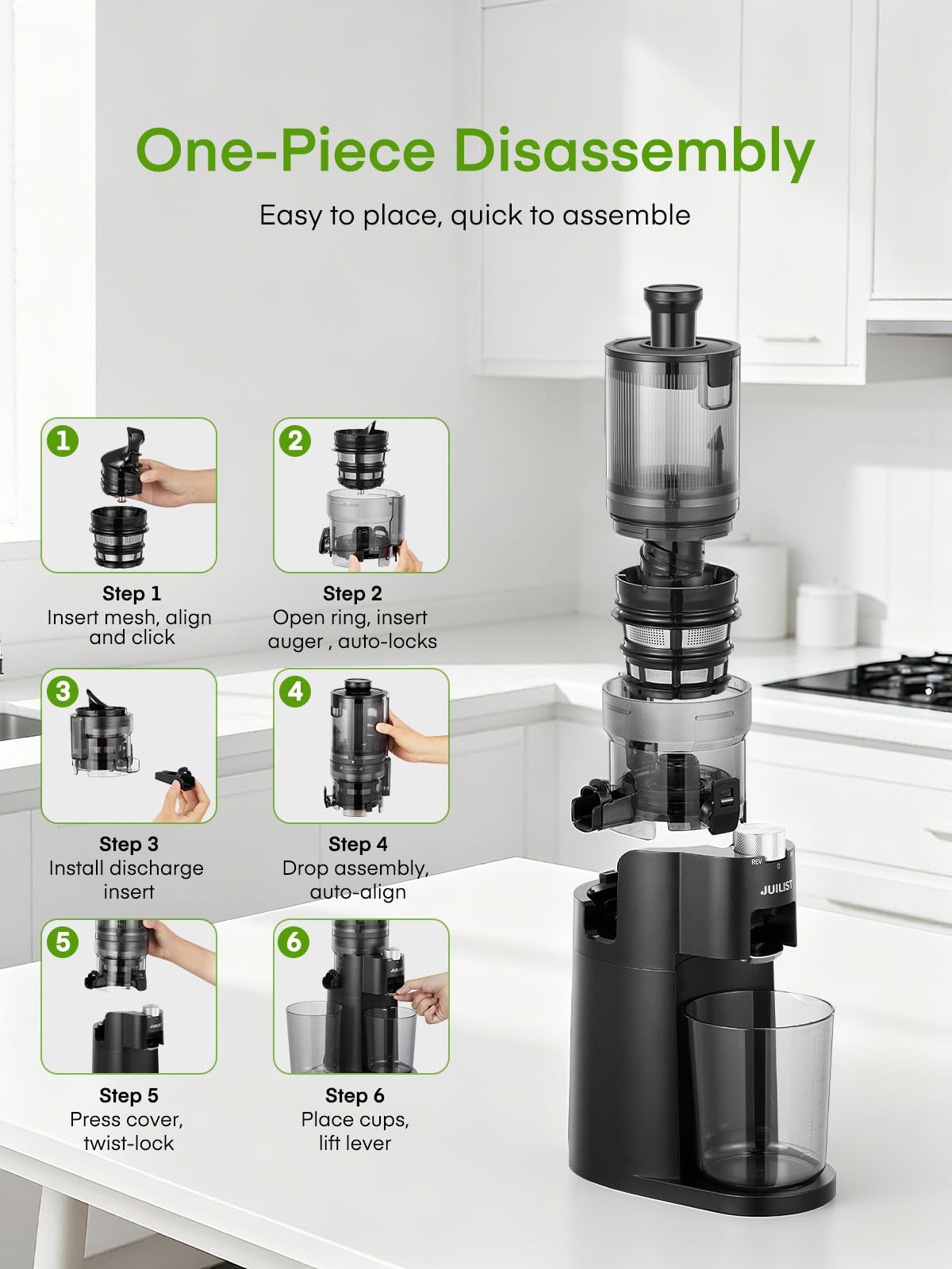Juilist cold press juicer handles whole fruits and vegetables for high yield.