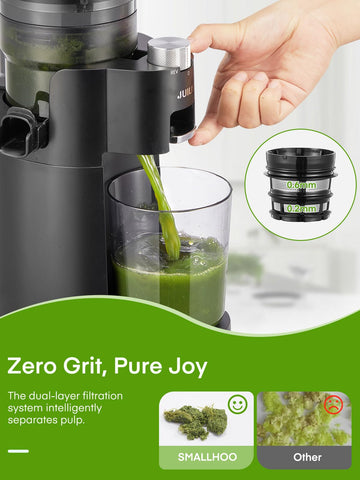 Juilist juicer’s stackable cups keep juice and pulp organized.