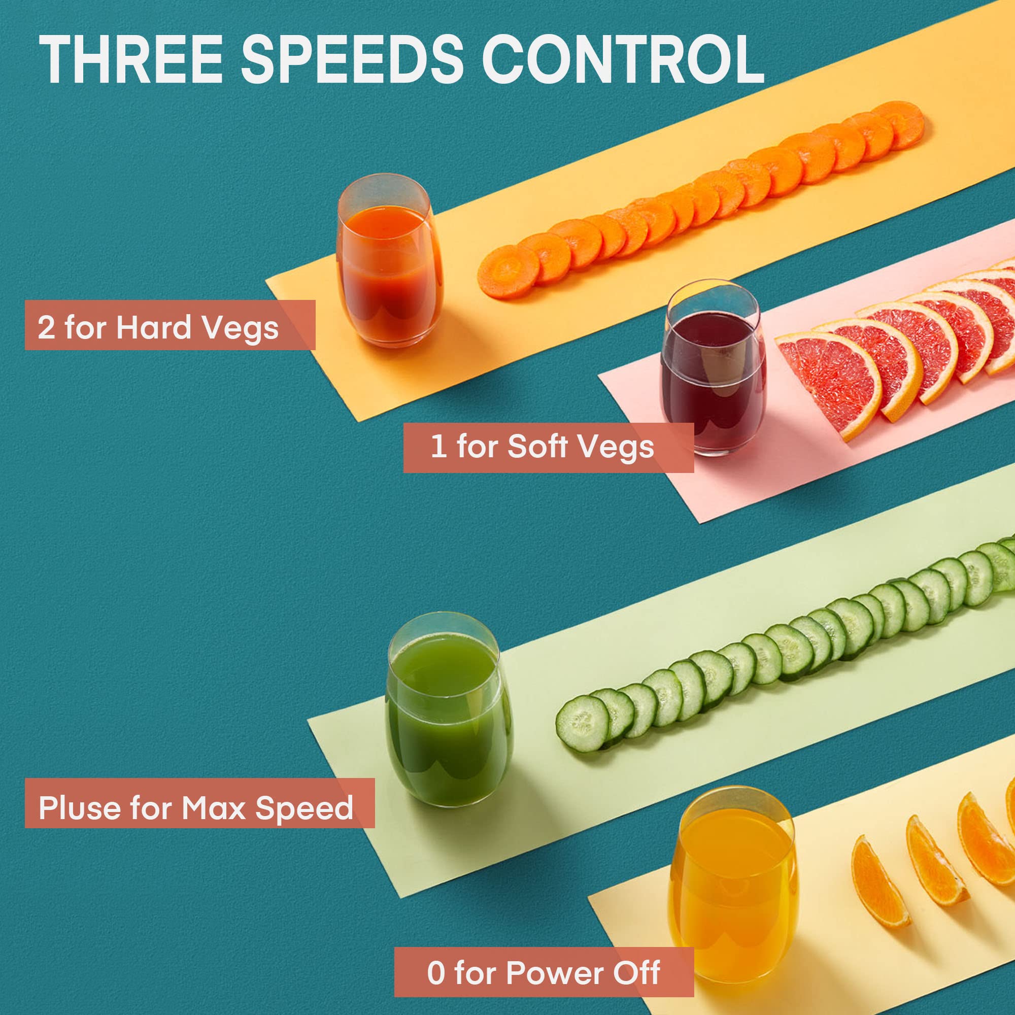 Juilist 3-speed control adapts to soft and hard produce.