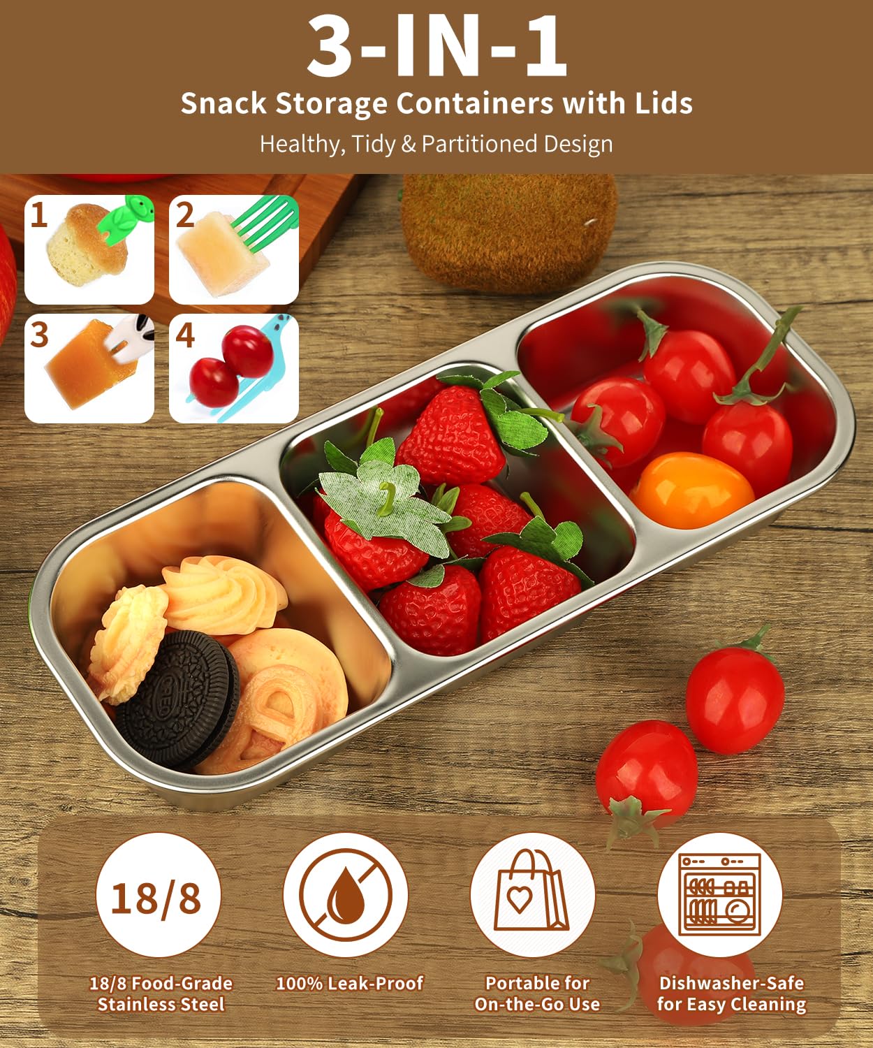 JUJOJB stainless-steel finish offers durable, toxin-free lunchware.